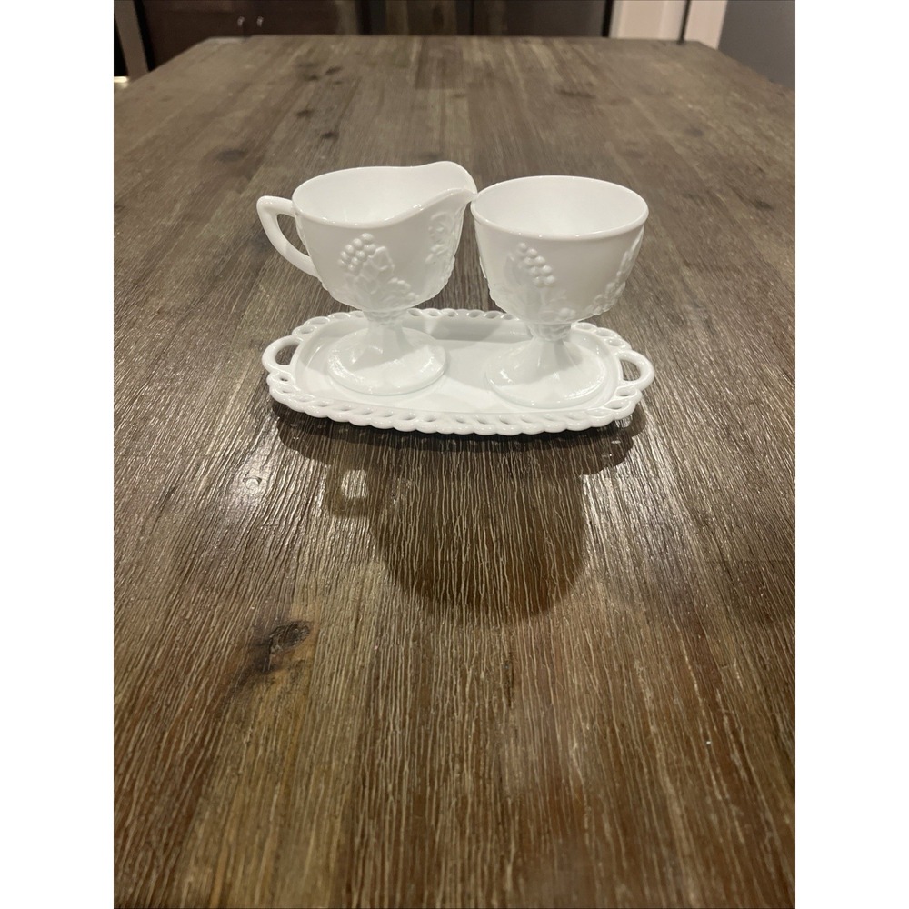 Vintage Indiana Colony Harvest Grape Milk Glass Creamer and Sugar Bowl & Tray